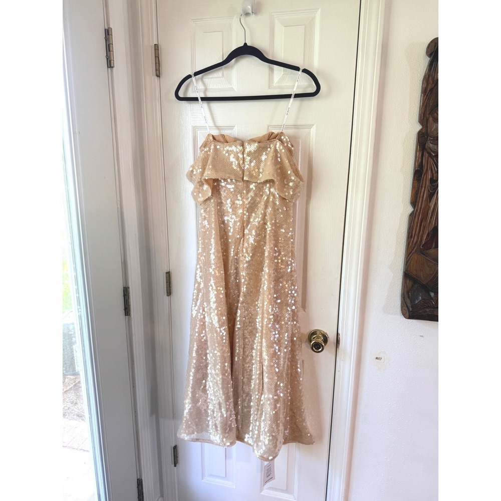 Self-Portrait Gold Sequin Off-the-Shoulder Midi Dress Diamante Brooch Size 10 - Picture 8 of 8